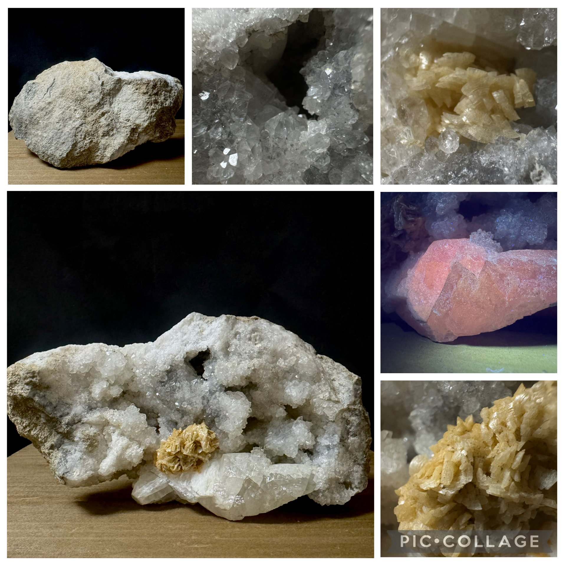 Natural Fluorescent Calcite Crystal & Siderite Rosette on Quartz Vug Matrix